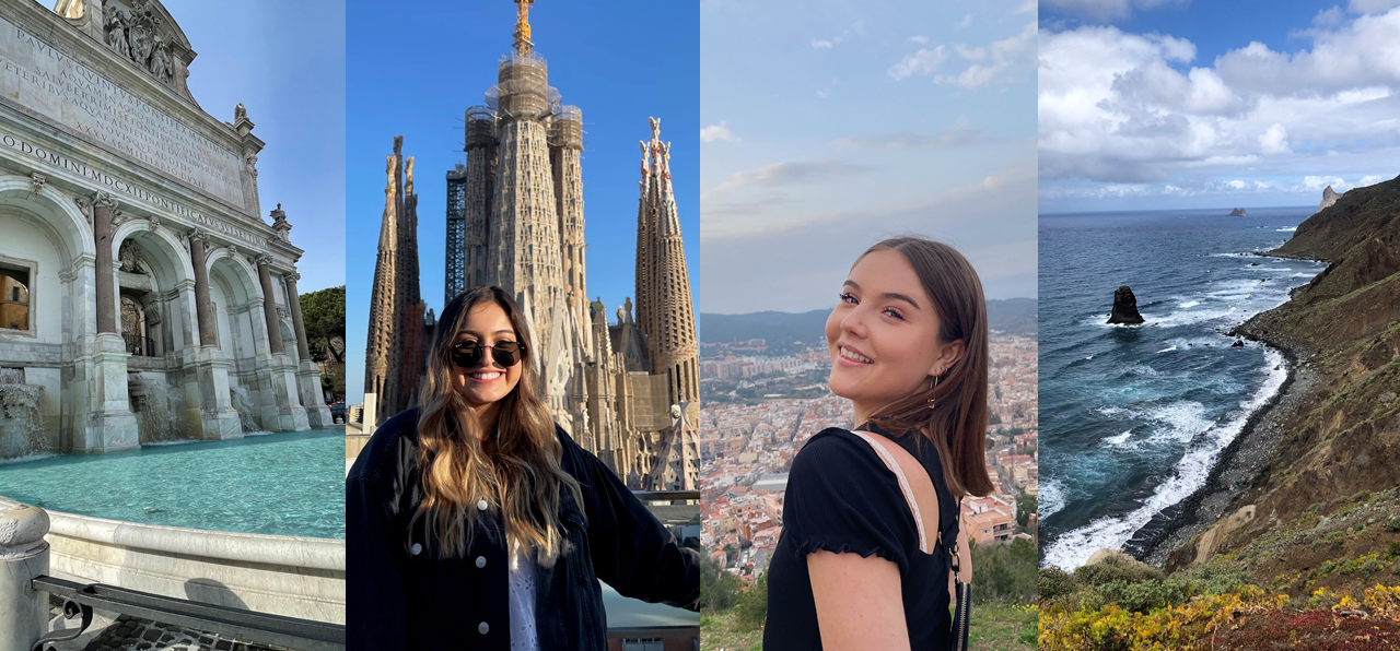 collection of four photos from Europe (left to right: Fountain, person with a cathedral, person in Barcelona, coastline)