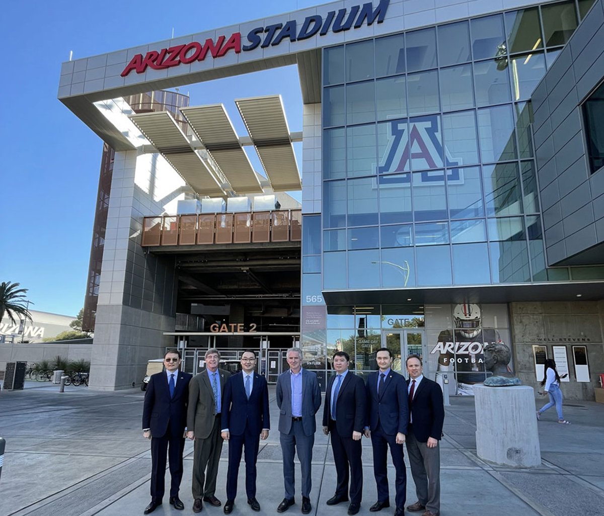 The delegation from Kazakhstan at Arizona Stadium, after touring the Richard F. Caris Mirror Lab. The delegation from Kazakhstan at Arizona Stadium, after touring the Richard F. Caris Mirror Lab.