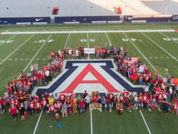 Aerial image of students in Bear Down Stadium