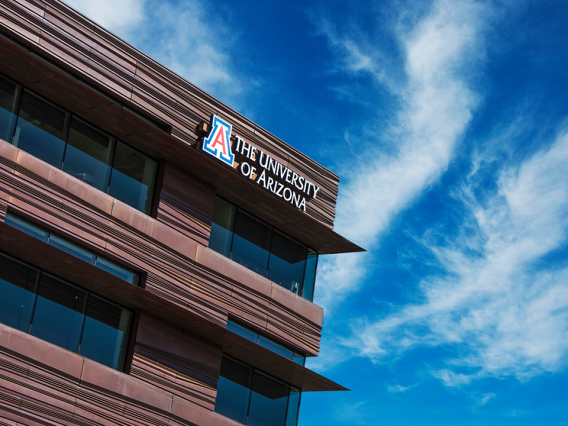 University of Arizona logo on a building surrounded by blue sky.