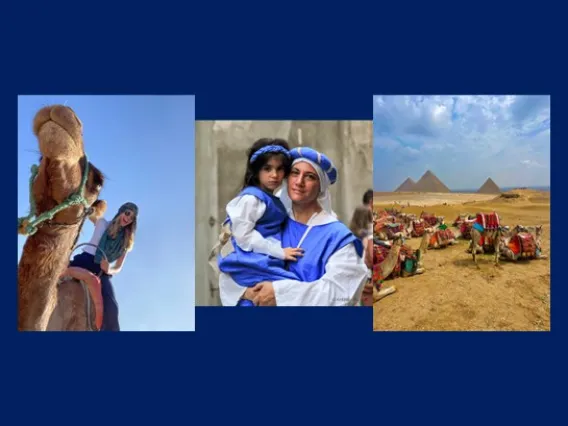 Photo Contest Winners - 3 photos showing people in Italian festival clothing, a student riding a camel, and camels in front of pyramids