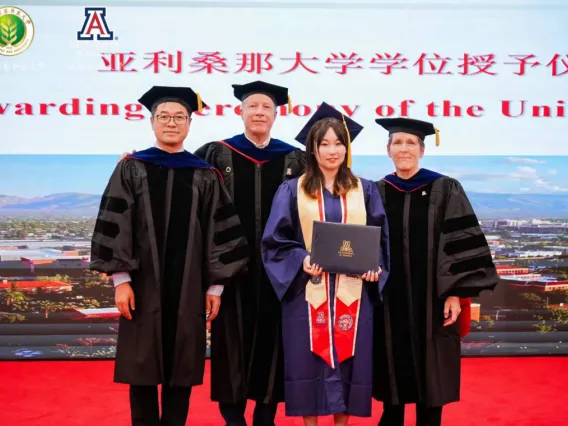 University of Arizona Associate Vice President for China & East Asia Affairs Charles Wang; UArizona Microcampus Director, NWAFU Ken Smith; CALES Outstanding Senior for Microcampus Programs Liu Siyu, and Department of Environmental Science interim head Joan Curry at UArizona-NWAFU Microcampus graduation June 17, 2024 in Yangling, China.