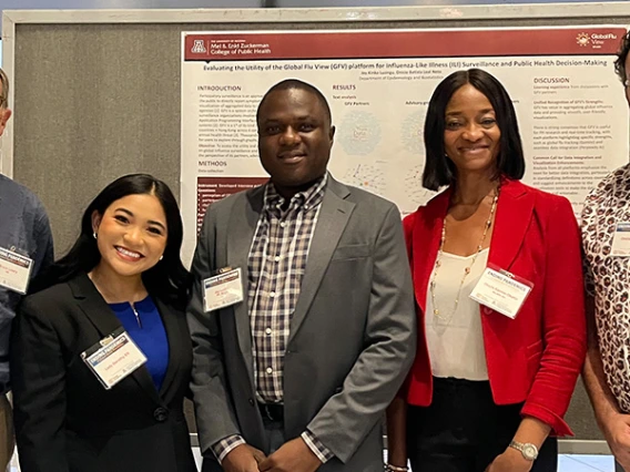 Photo left to right: Bruce Lowry from the Skoll Foundation; MPH student Lady Dorothy Elli; PhD student Joy Kinku Luzingu; PhD student Oluchi Kanma-Okafor; assistant research professor Onicio Leal, PhD, MPH.