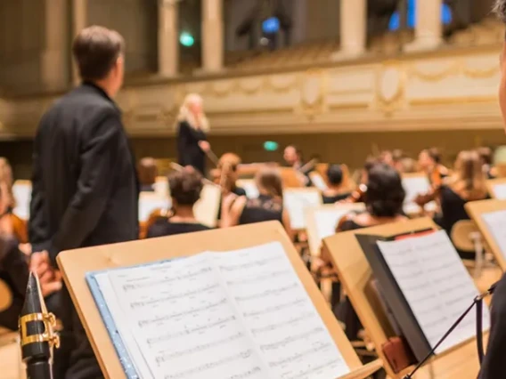 Conductor and orchestra practicing
