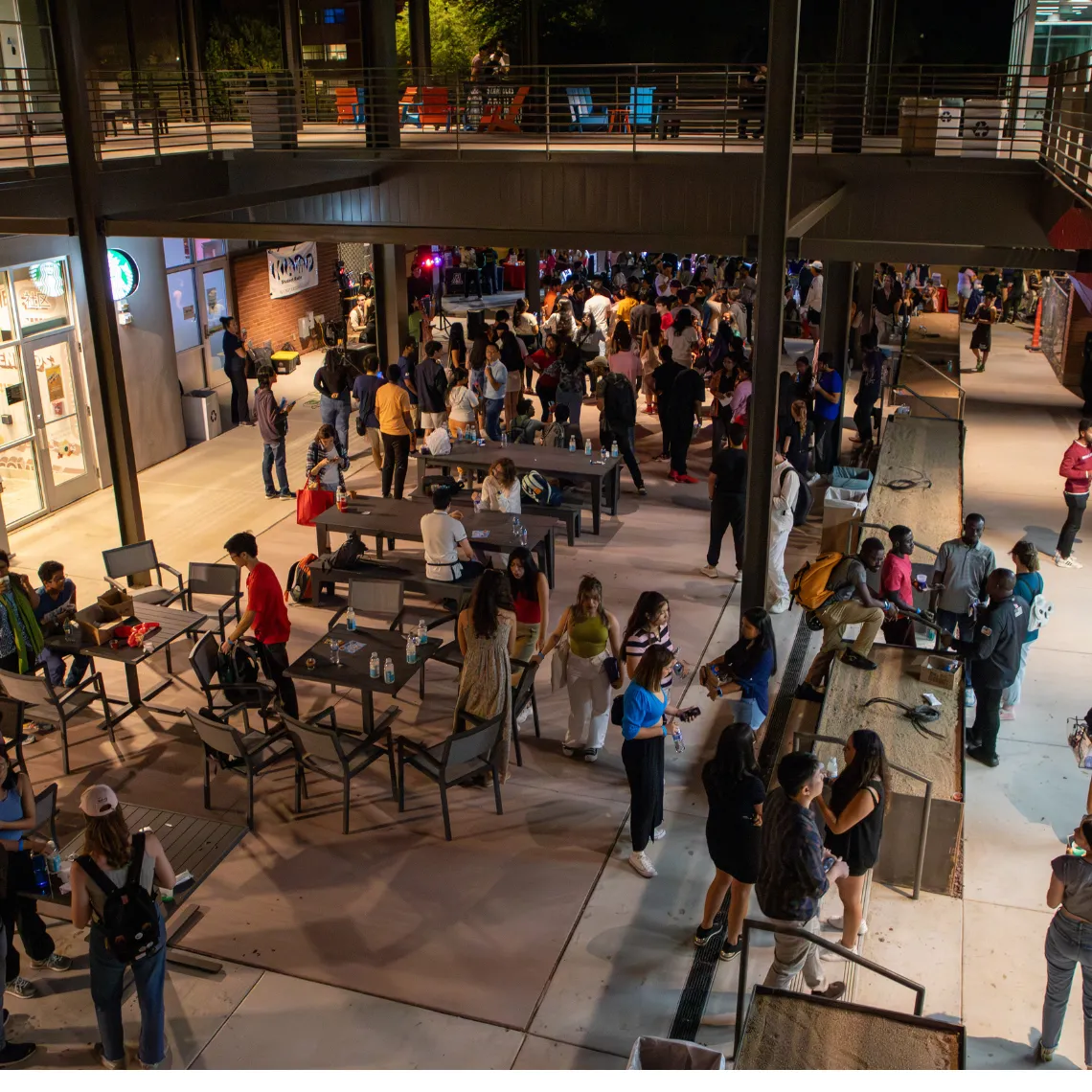 Students gathered in the Global Center patio 