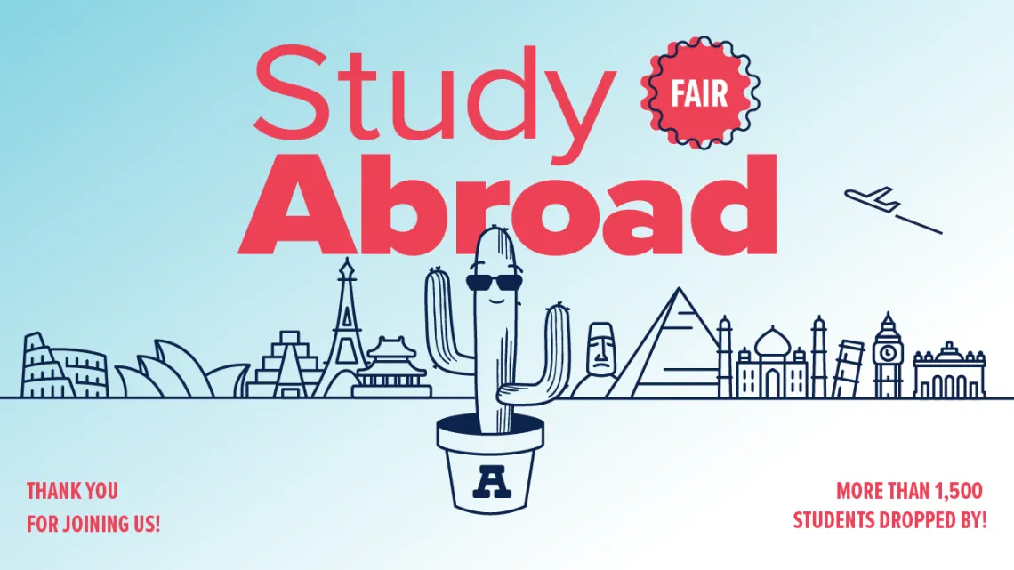 Study Abroad Fair Logo with a cactus in a University of Arizona pot.