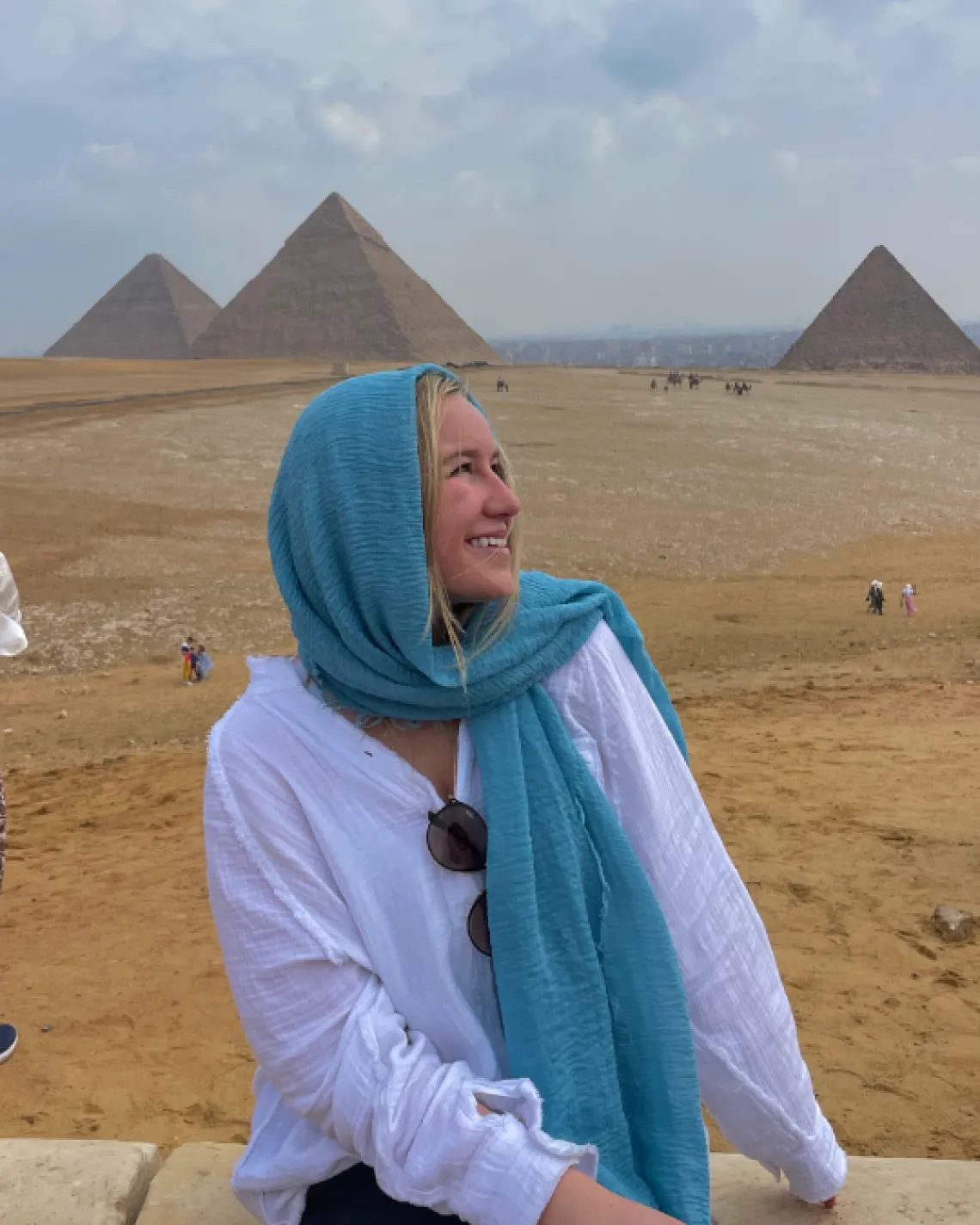 Kylie looks back at the pyramids of Giza, Egypt