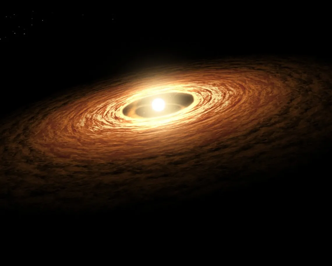 An artist’s impression of a young star surrounded by a rotating disk of gas and dust.