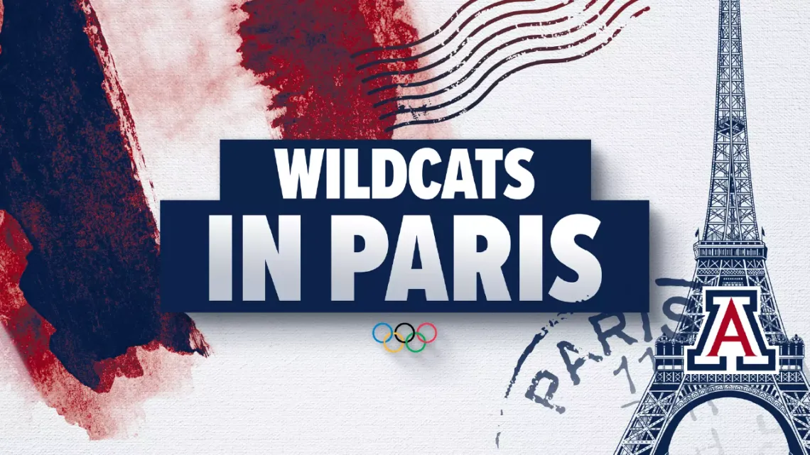 Graphic image with text reading Wildcats in Paris next to an image of the Eiffel tower.