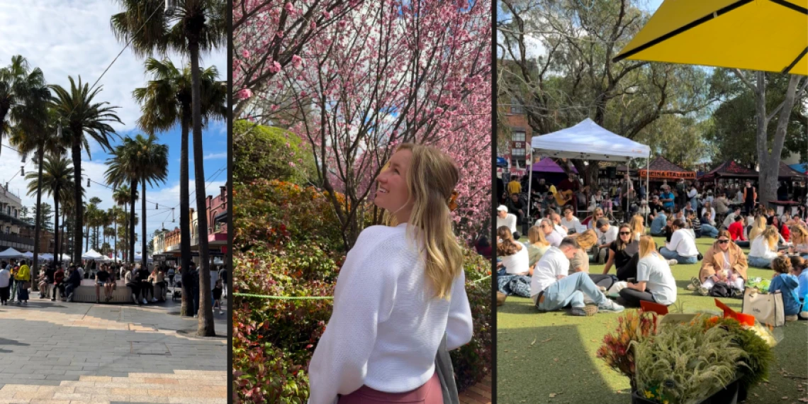 Three photos next to each other featuring: Manly Beach Markets, Sydney Cherry Blossom Festival, Glebe Markets