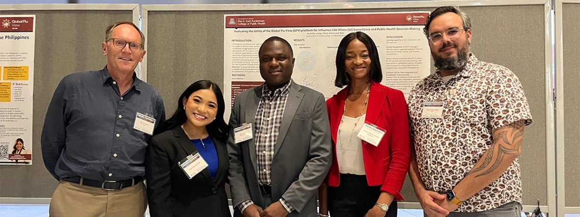 Photo left to right: Bruce Lowry from the Skoll Foundation; MPH student Lady Dorothy Elli; PhD student Joy Kinku Luzingu; PhD student Oluchi Kanma-Okafor; assistant research professor Onicio Leal, PhD, MPH.