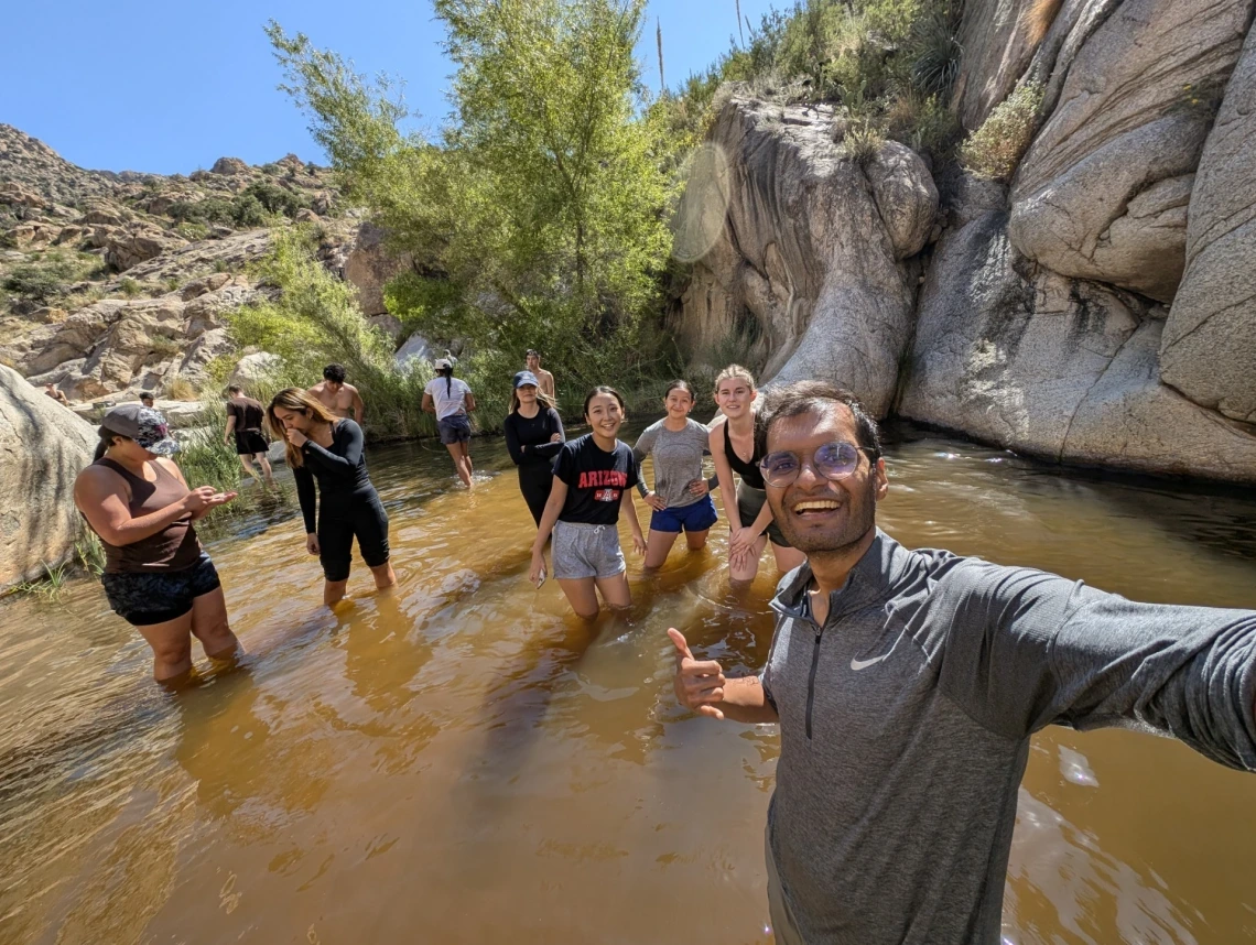 Shreyas with friends hiking.