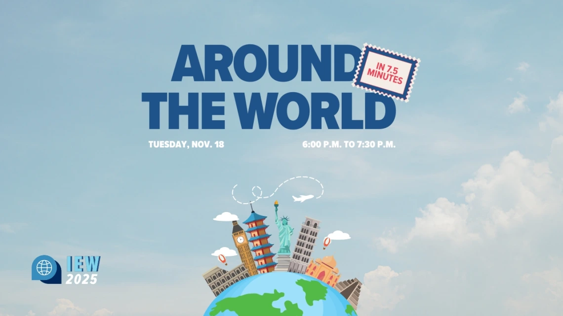 Around the World in 7.5 Minutes Graphic with a Globle and buildings and sky