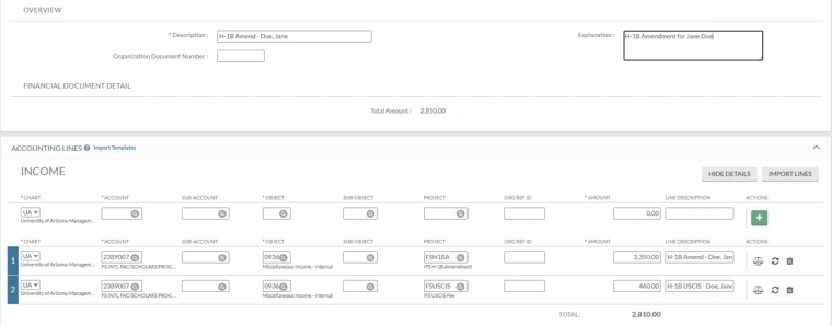 Screenshot of a financial document entry form for an H-1B Amendment for Jane Doe.