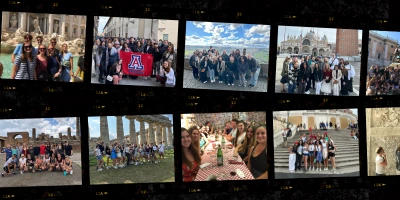 A strip of film with photos of students from Dr. White's Study Abroad programs.