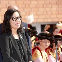 Dr. Jenny Lee addresses a crowd