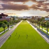 The University of Arizona grassy mall with the sunset in the background