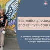 A smiling woman stands in front of a colorful mural featuring large angel wings and floral designs, creating the illusion that she has wings. She holds a pamphlet and wears a University of Arizona lanyard. To the right, a graphic overlay reads: “International education and its invaluable relevance” with a subheading, “A powerful message from the University of Arizona’s Melody Buckner and her Fulbright experience in India.” The design is branded with the U of A Research, Innovation & Impact logo, promoting g