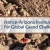 Logo of the France-Arizona Institute for Global Grand Challenges displayed over a background of desert rocks with a bright red velvet mite in the foreground.