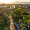 Aerial view of the University of Arizona campus at sunrise, with palm-lined streets, red brick buildings, and lush green trees. The morning light casts long shadows across the Main Mall, with mountains visible in the background under a bright sky.