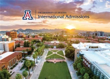 Text reading "The University of Arizona International Admissions" over a arial view of the U of A campus.