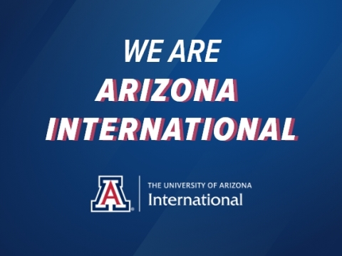 White text on blue background reads: We are Arizona International, followed by Block A logo
