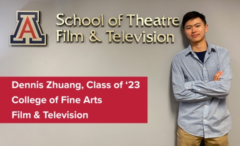 Dennis Zhuang '23 at right by sign for the School of Theatre Film & Television. 