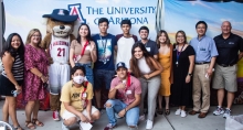 International students with Wilbur Wildcat at the 2021 Global Wildcat Welcome Party