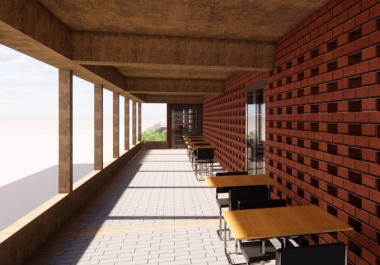 Rendering of a balcony view with large windows on left and desks beside a brick wall on right