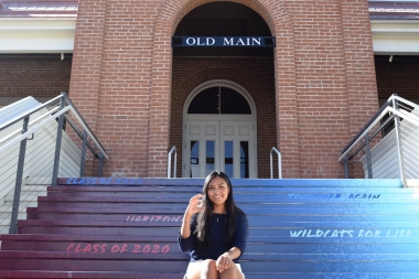 Dual degree UA-UPC student, Silvana, Fall 2021 shown on the steps at Old Main, UArizona