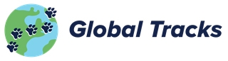 logo - A globe with paw prints and the words Global Tracks