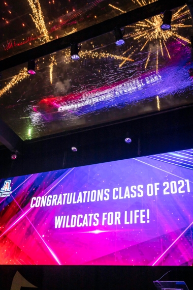 Large screen with message: Congratulations Class of 2021 Wildcats for Life! 