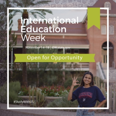 International Education Week graphic International student making WILDCAT hand sign in front of Old Main